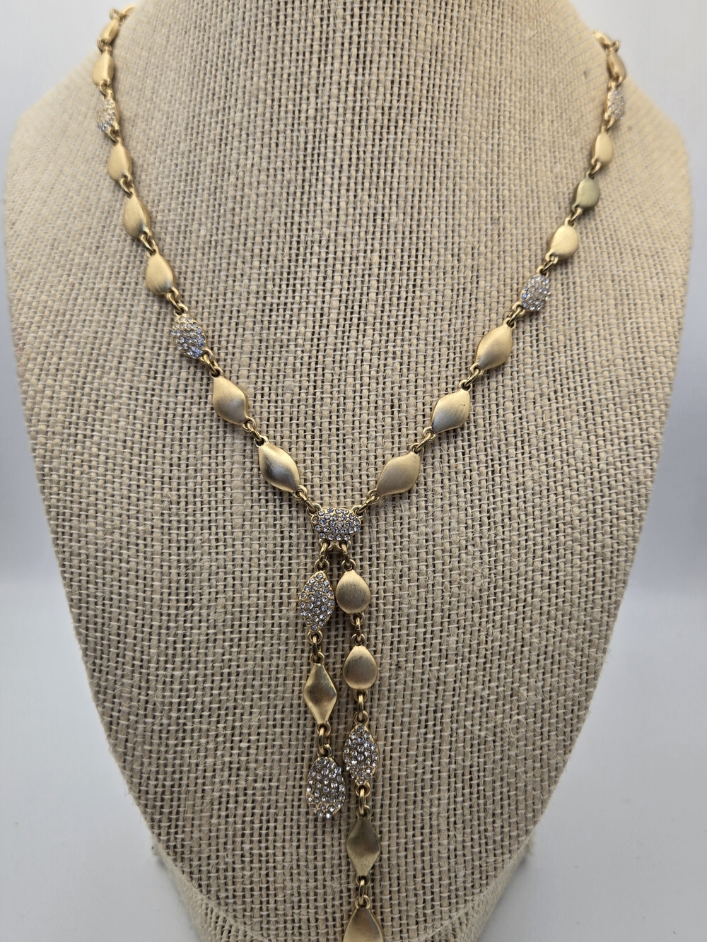 NWT Chico's Gold-Tone Pave Crystal Medium Y Necklace Elegant Subtle Matte Finish